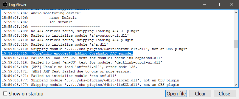 Screenshot of OBS log viewer showing the line [CoreAudio encoder]: Adding CoreAudio AAC encoder
